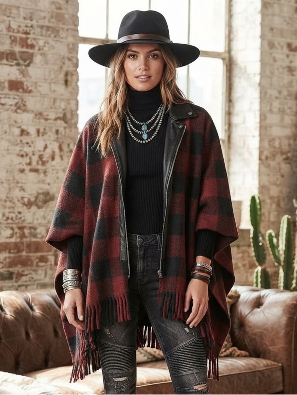 Luii Red Buffalo Check Plaid Moto Collar Cape Poncho with Fringe Hem Size S/M
